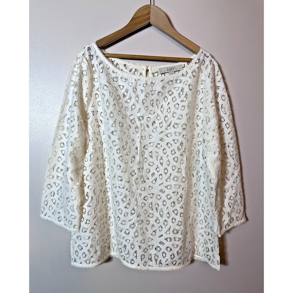 LOFT Top Womens Large White Ivory Lace 3/4 Bell Cotton Nylon Cottagecore Blouse